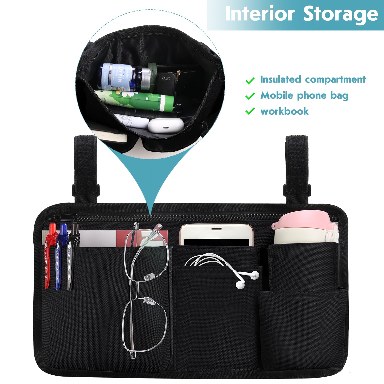 CTWWFS Upgrade Wheelchair Side Bag with Cup Holder, Armrest Accessories for Wheelchair, Rollator, Walker, The Perfectly Organized to Free your Hands and Bring you A Wonderful Life Experience (Black)