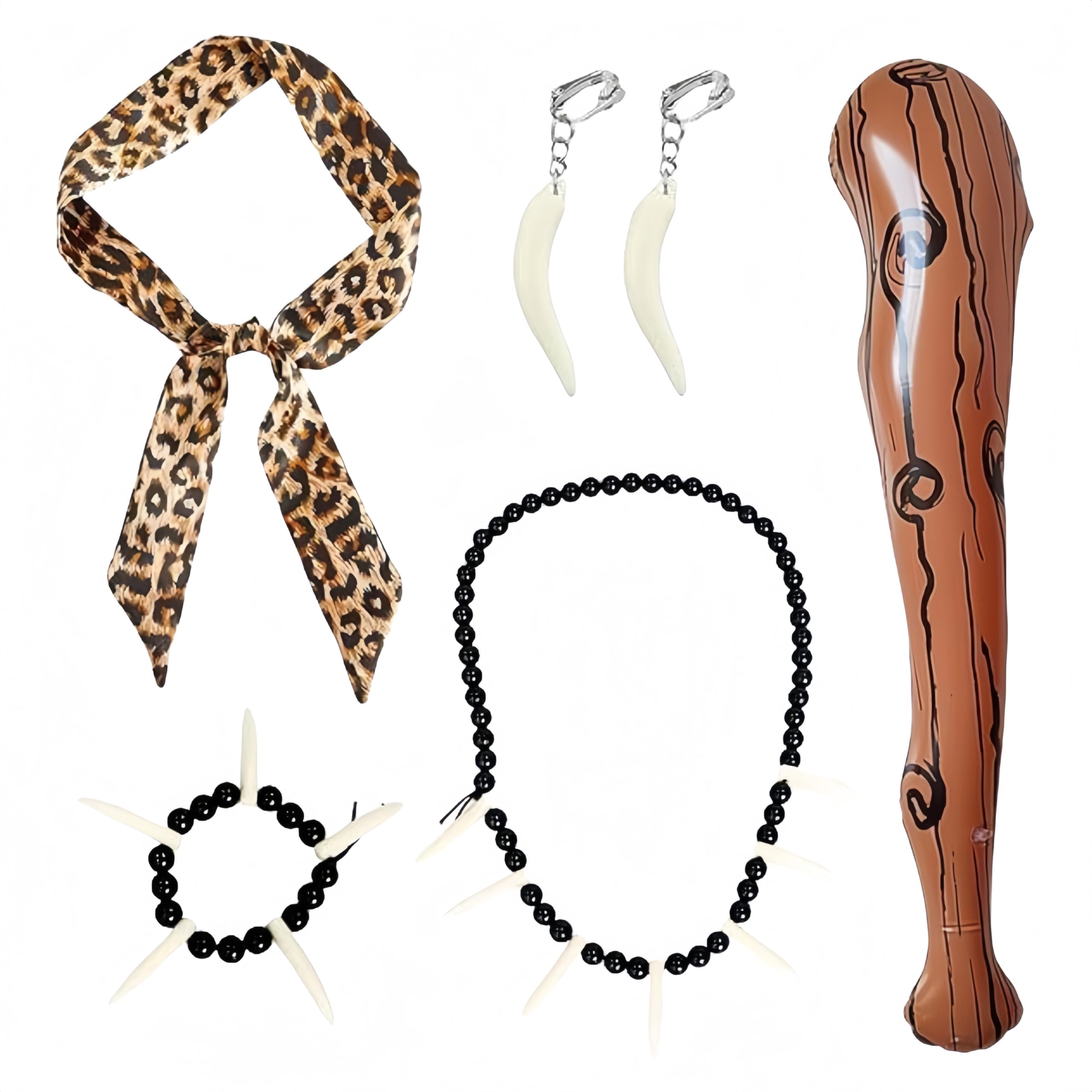 SDXCJY 5 Pieces Wild Caveman Costumes Include Leopard Headband Ivory Bracelet necklace Inflatable Mace Earrings Cave Costume accessories for Halloween Costumes Stone age (5pcs)