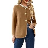 Langwyqu Womens Crew Neck Button Down Cardigan Sweaters Blazer Casual Long Sleeve Knit Solid Sweater with Pockets
