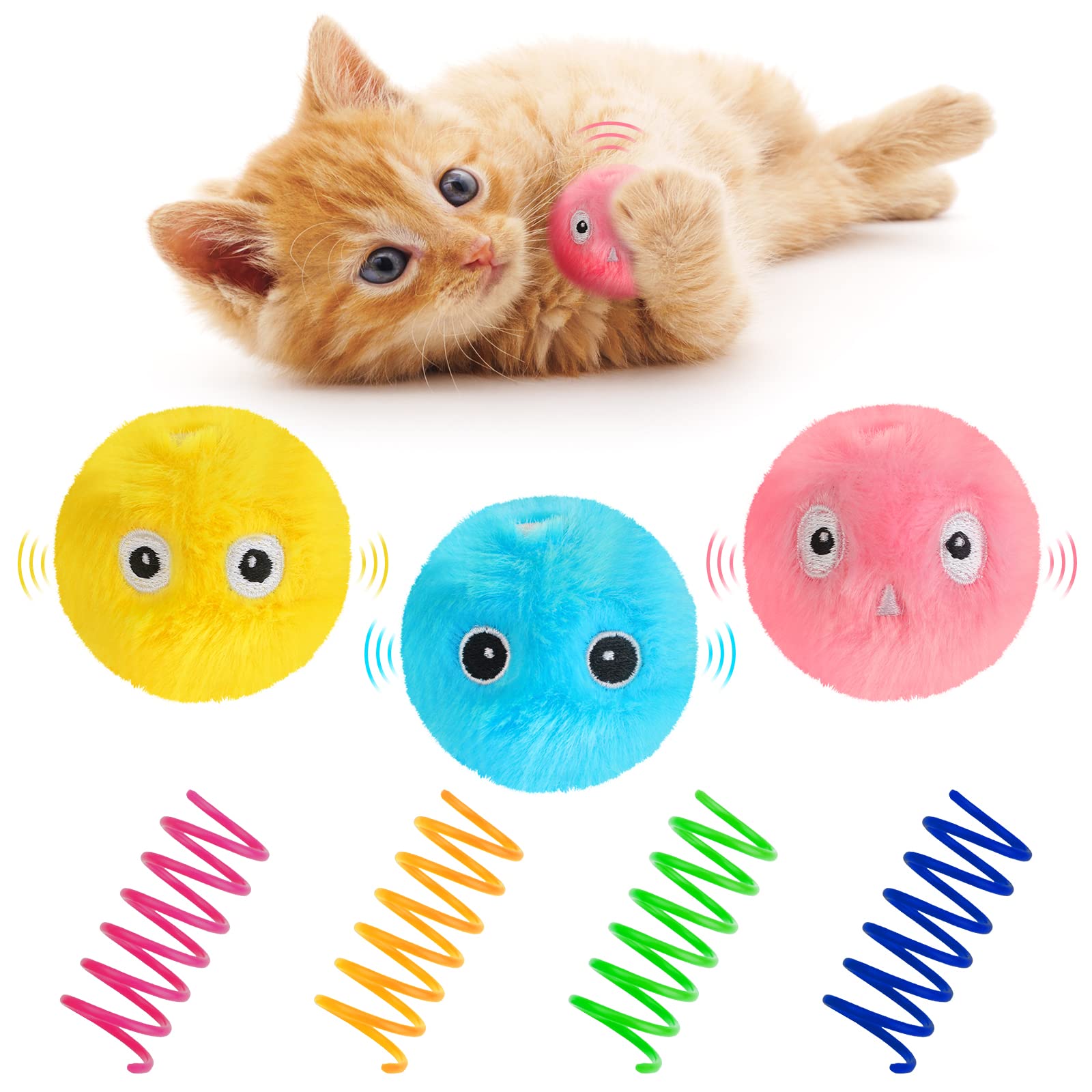 3Pcs Cat Ball Toys, Interactive Plush Cat Toys Balls, Kitten Chirping Balls With 3 Lifelike Animal Chirping Sounds, Fun Catnip Toys and 4Pcs Colorful Cat Sprial Spring Toys for Bitting Hunting