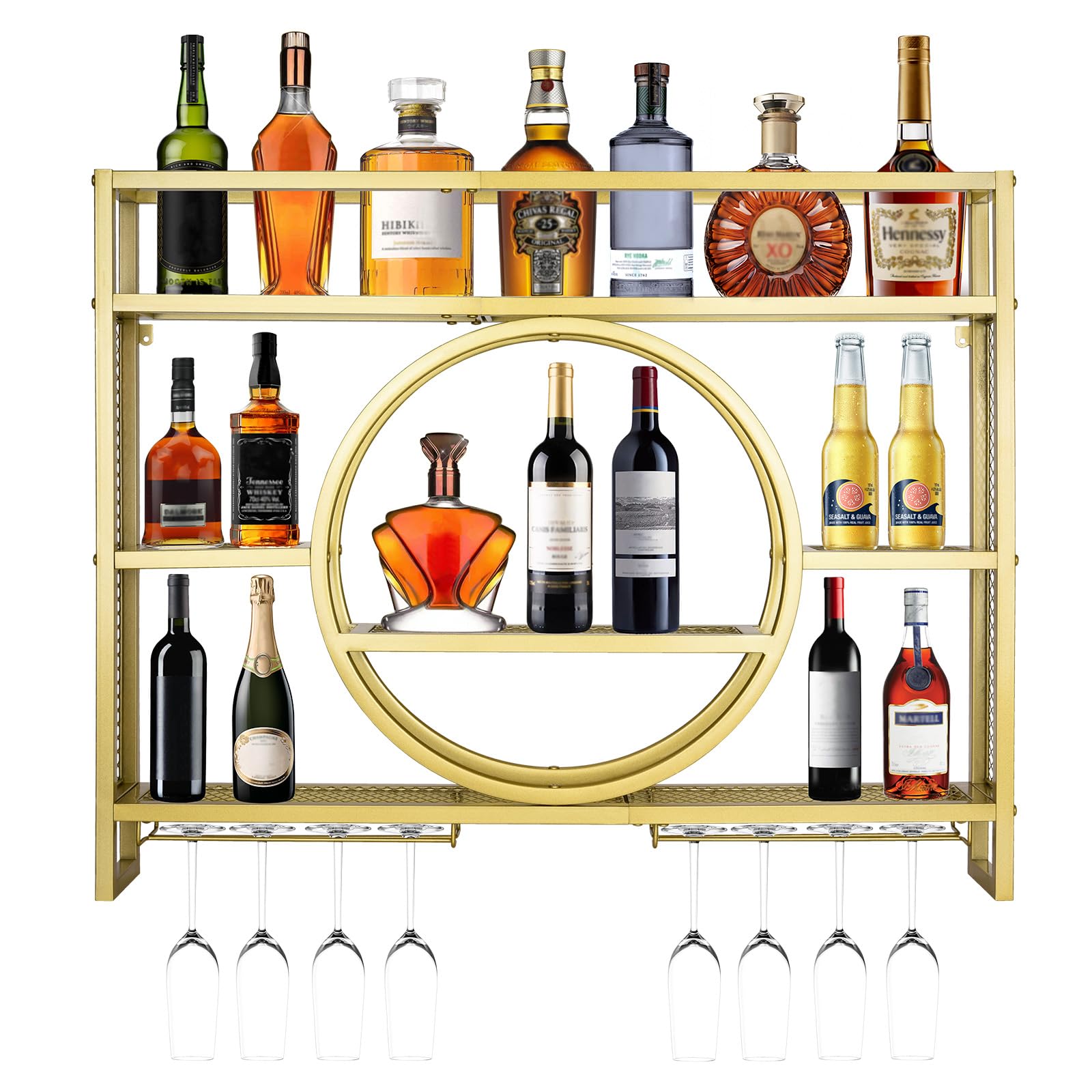 Photo 1 of 55in Wine Rack Wall Mounted, Modern Metal Wall Bar Shelves with Liquor Bottle & Glass Holder, 3-Tier Bar Liquor Bottle Display Shelf Wall Mounted for Home Bar Kitchen Dining Room (Gold, 55in/140cm)