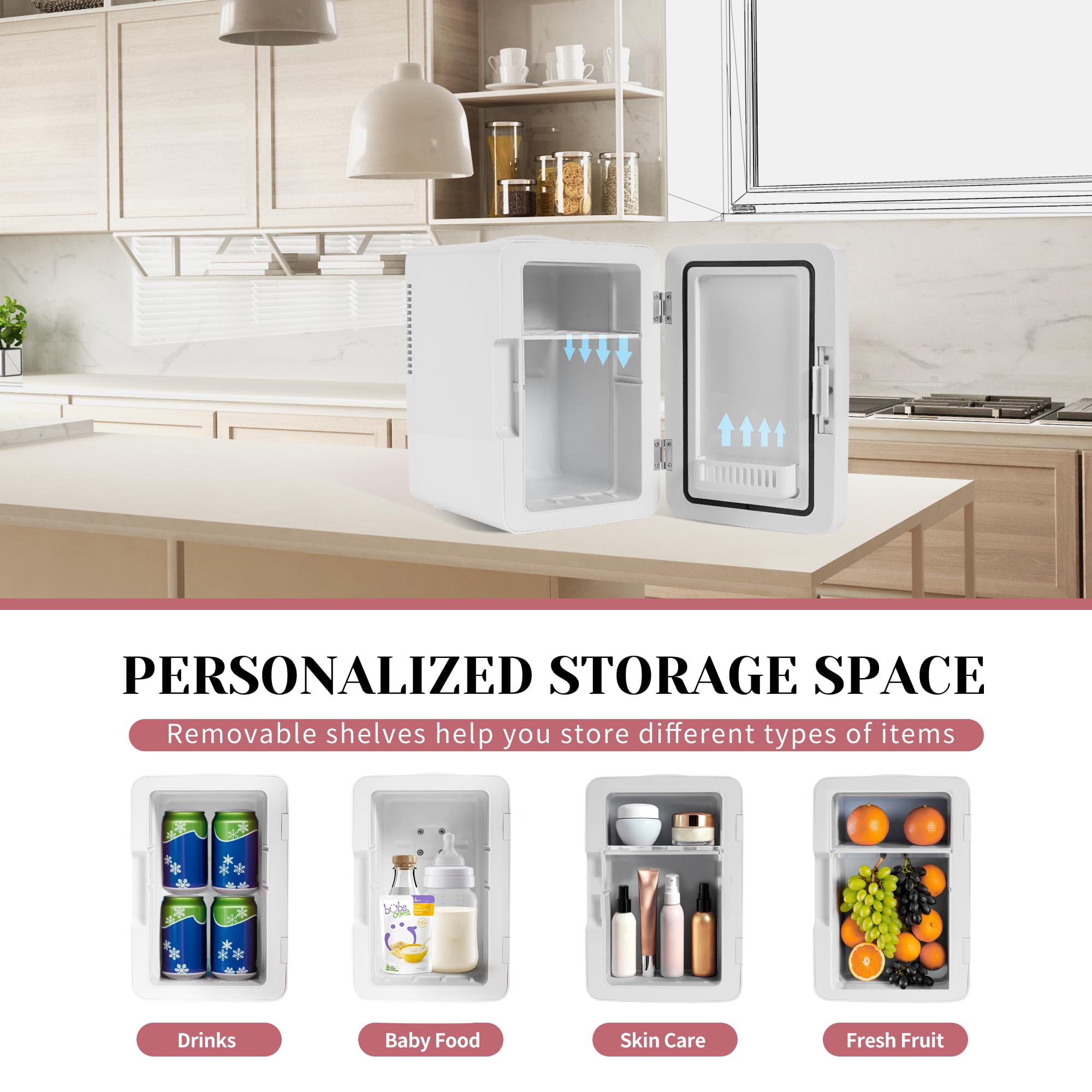 Mini Fridge for Bedroom 6L/8 Cans Skincare Fridge with LED Miroor Portable Cooler & Warmer 110V AC/12V DC Compact Small Refrigerator for Skin Care Cosmetic Beverages Drinks, Office Dorm and Car, White - Image 4