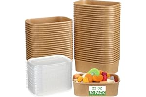 Maxdot 50 Pack Disposable Food Containers with Lids Paper Food Containers Bowls for Meal Prep, Salad, Ice Cream, Yogurt, Soup Bowls Party Leftover Box(22 oz)