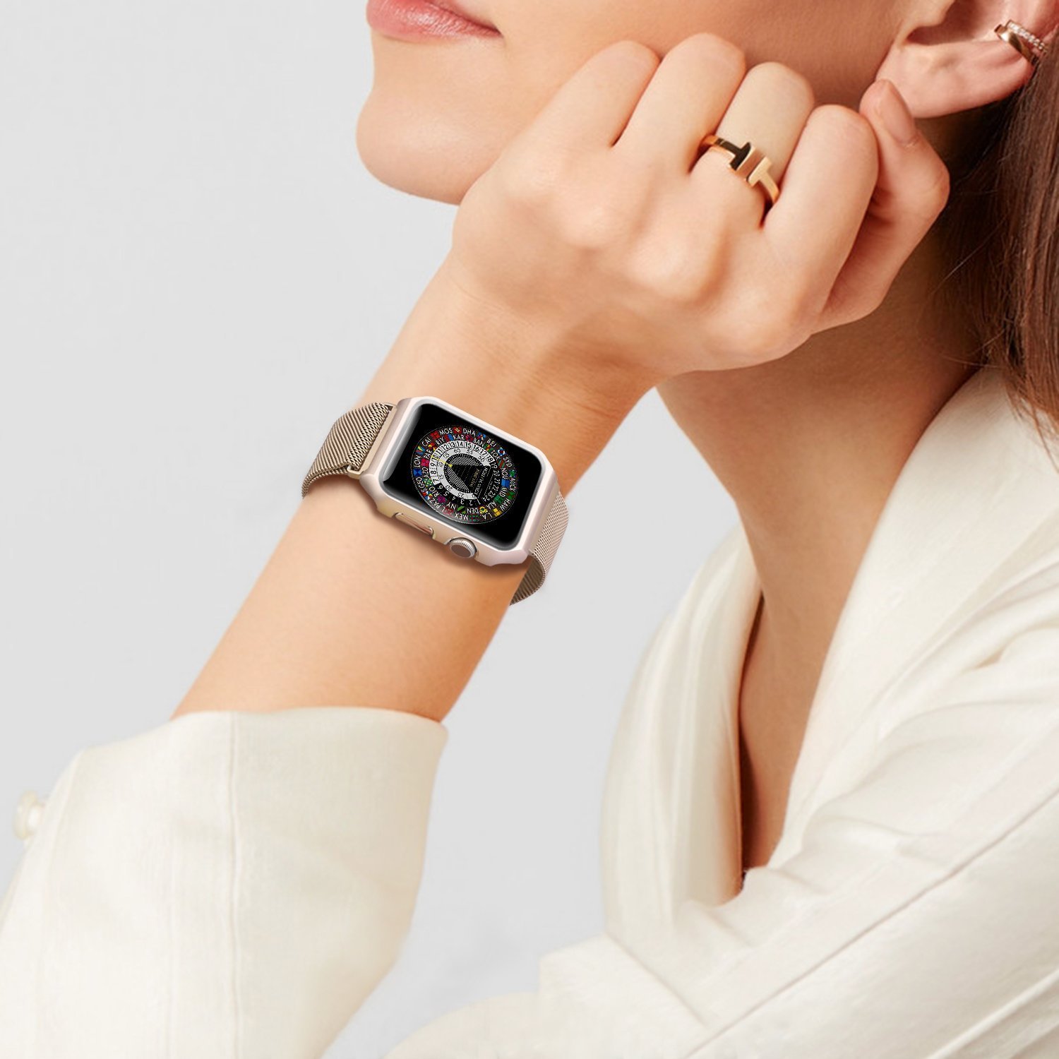 Aifulo Compatible Apple Watch Band 38mm, Adjustment Milanese Loop Stainless Steel Mesh Magnetic Replacement Wrist Band with Metal Protective Case for Apple Watch 38mm Series 1 Series 2 Series 3 - Gold