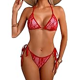 Fanuerg Women's Triangle Bikini Sets Sexy Halter String Two Piece Swimsuits Lace Floral Thong Bathing Suit Tie Swimwear
