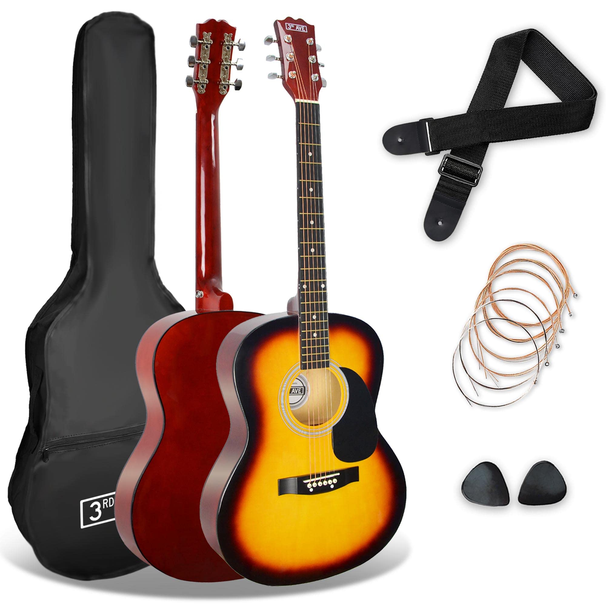 3Rd Avenue Pack Guitare Acoustique 4/4 Taille Standard Avec Cordes En Acier Pour Débutants, Housse, Médiators Et Jeu De Cordes De Rechange – Soleil