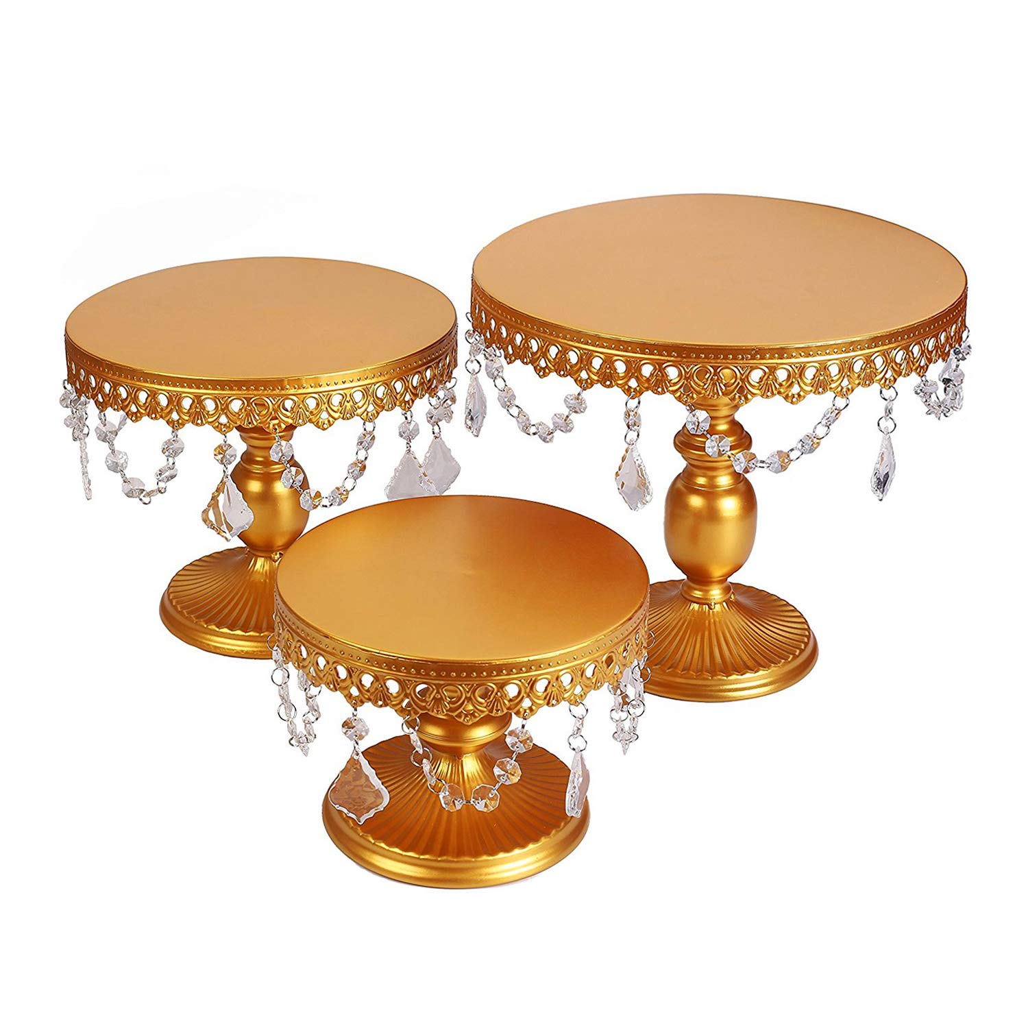 VILAVITA 3-Set Cake Stands Round Cupcake Stands Dessert Display Stand with Pendants and Beads, Gold