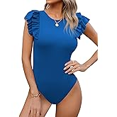 Missufe Women's Round Neck Ruffle Flutter Sleeve Slim Fit Ribbed Knit Casual Summer Bodysuit Tops