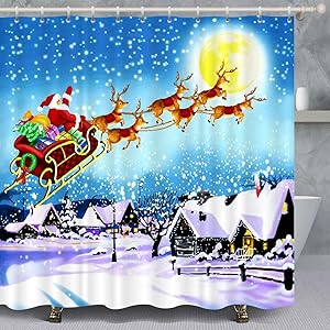VANCAR Xmas Merry Christmas Shower Curtain Santa Claus Reindeer Sled Gifts Christmas Party Decoration Shower Curtain for Bathroom Decoration Home Decor 72