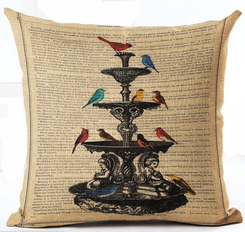 Cotton Linen Retro Book Page Illustration Black Sketch European Decoration Colorful Birds Pillow Covers Cushion Cover Decorative Sofa Bedroom Square 18 inches ¡­