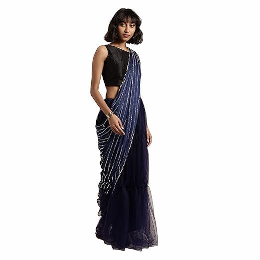 Womanista net with Blouse Piece Saree (TI1132_ Blue_ Free Size)