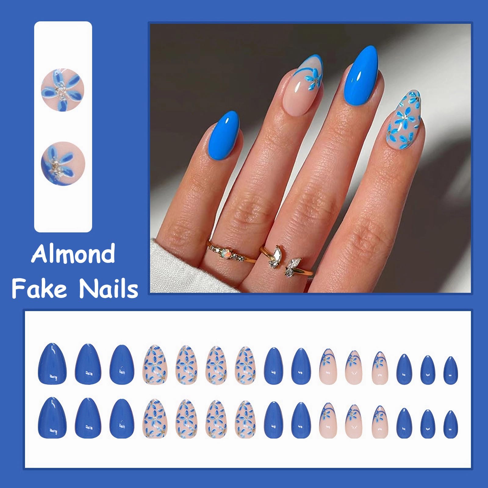 MISUD Press on Nails Short Almond Fake Nails Glossy Glue on Nails Summer Blue Acrylic Nails Stiletto Artificial Nails Cute Flower Stick on False Nails with Design 30pcs - Image 5