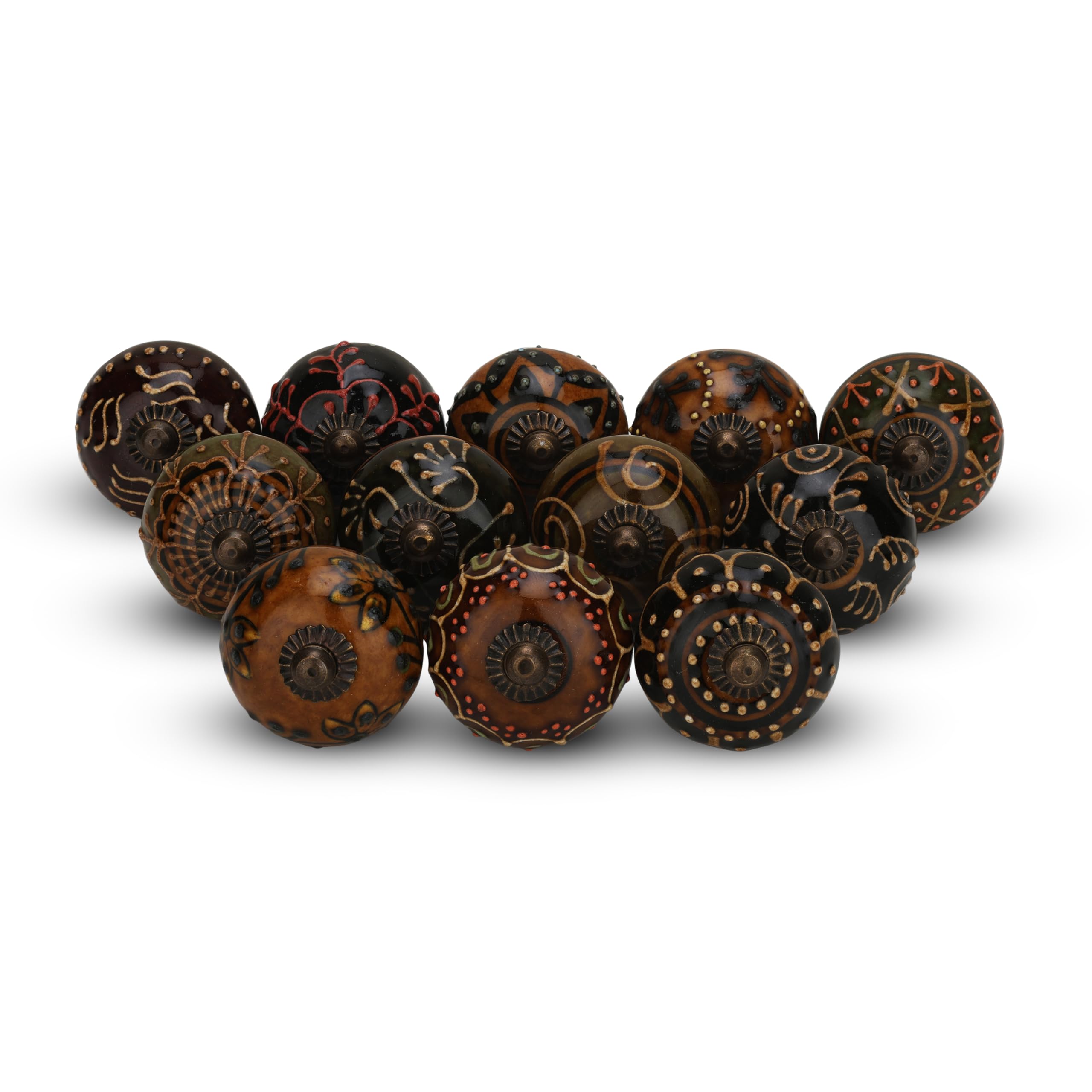 FURNISHFUL FINESSE Ceramic Knobs for Cabinet Dresser Drawer and Furniture Hand Painted Antique Boho Cupboard Pull Handle Multicolor Interior Décor Knobs - Pack of 12