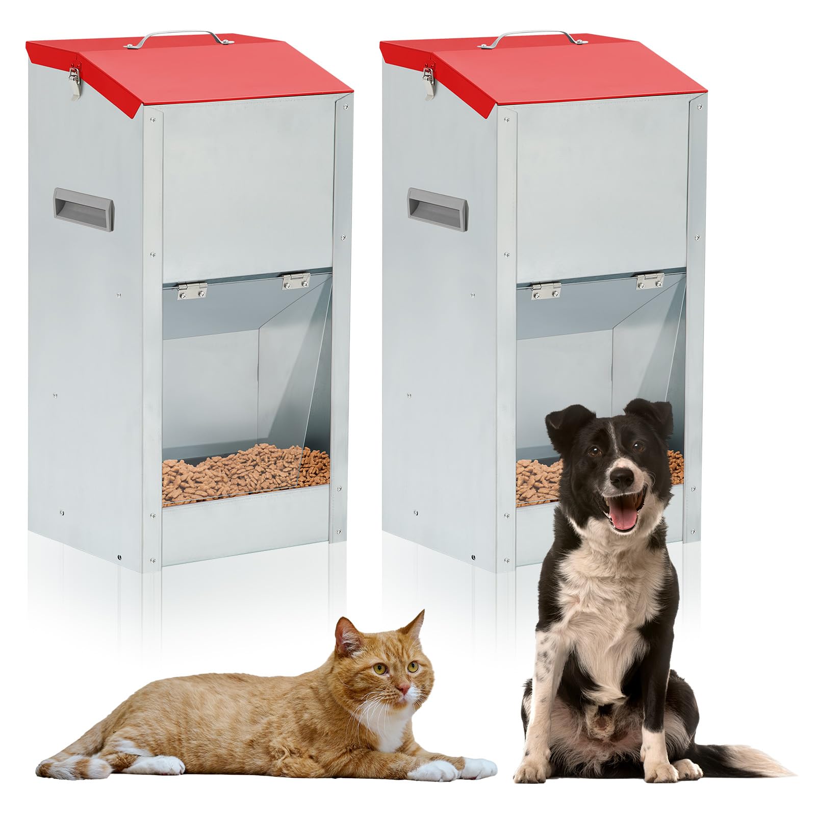Photo 1 of (MISSING 1) (USED/FAIR) Willinglong 2 Pcs Large Automatic Dog Feeders with Handle Acrylic Panel Galvanized Gravity Feeder Outdoor Hanging for Doggie Breed Dog Food Dispenser Container(Red,15 Lbs)