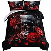 HOSIMA Death Skull Heads Comforter Gothic Bedding Sets,Horror Theme Halloween Bedding Comforter Sets for Teen Girls Boys Room Decor,Red Rose Floral Comforter Queen Size Bed with 2 Pillowcases.