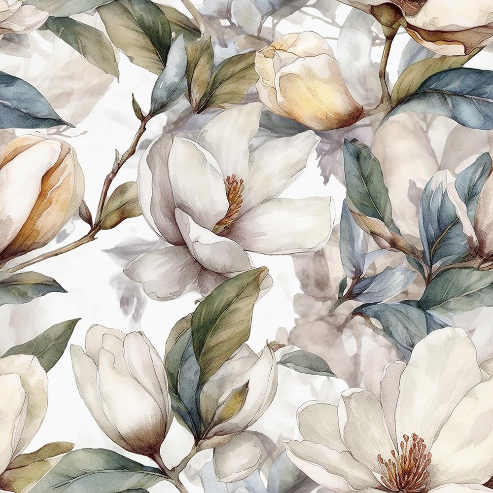 REDAMANCY White Magnolia Floral Watercolor Green Leaf Vintage Peel and Stick Wallpaper Stick on Contact Paper Wall Paper Easy Peel Off for nightstand Drawer Cabinet Renter (45cm*3m, White Magnolia)