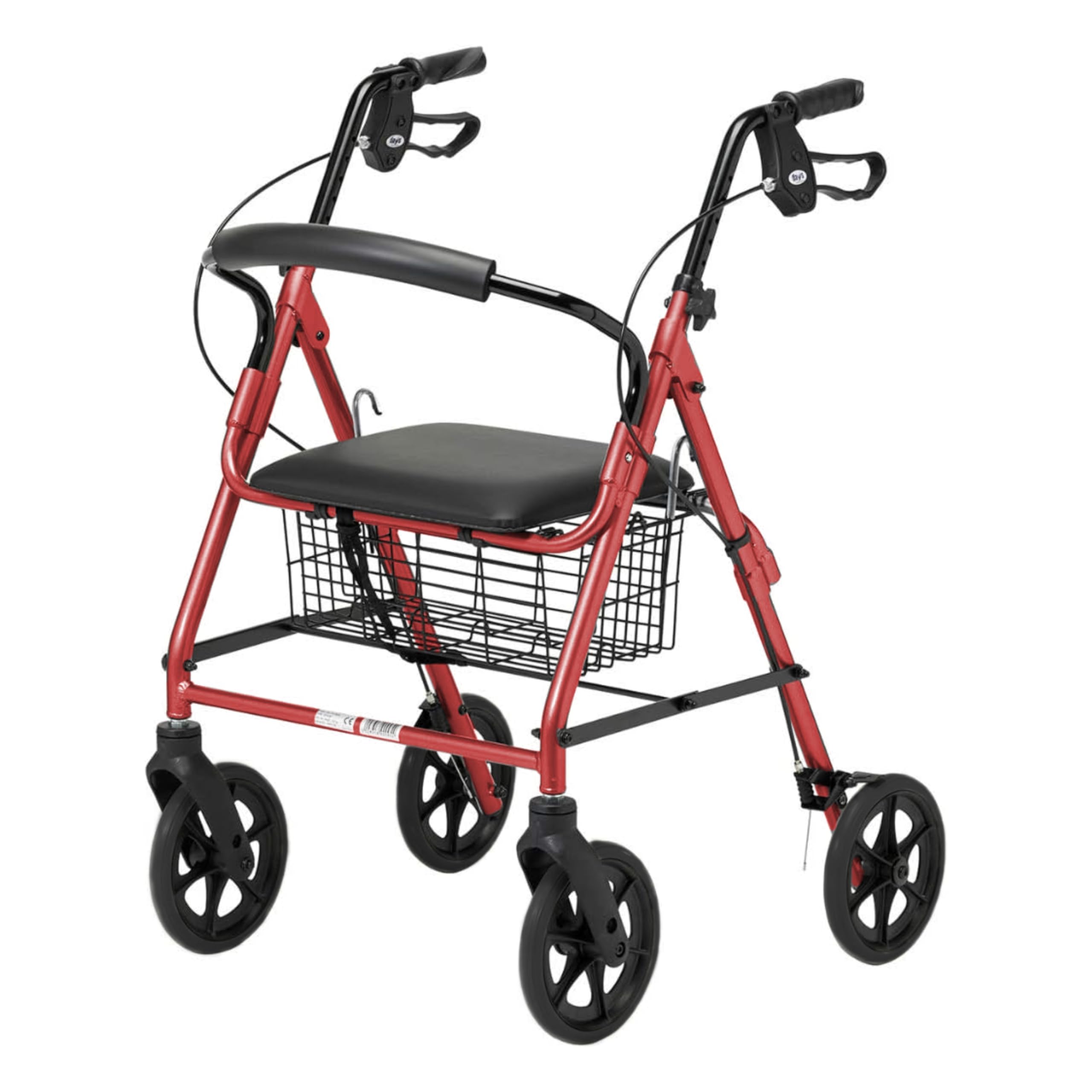 Days Four Wheeled Rollator Walker with Cable Brakes, Padded Seat and Backrest, Underseat Basket, Lightweight Foldable Aluminium Frame, Lockable Brakes, Walking Mobility Aid, Swivel Wheels, Ruby