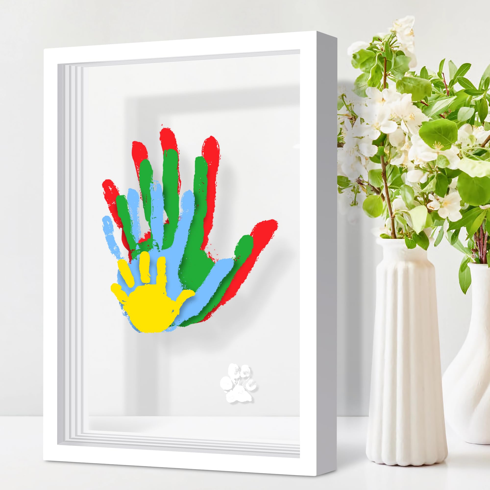 Photo 1 of Omrhvi Family Handprint Kit, Hand Prints Keepsake Frame, DIY Craft Gift for New Parents & Mom & Baby, Grandparents, Mother's Day, Father's Day, Adoption Day, Anniversary, 6 Non -Toxic Paints (White)