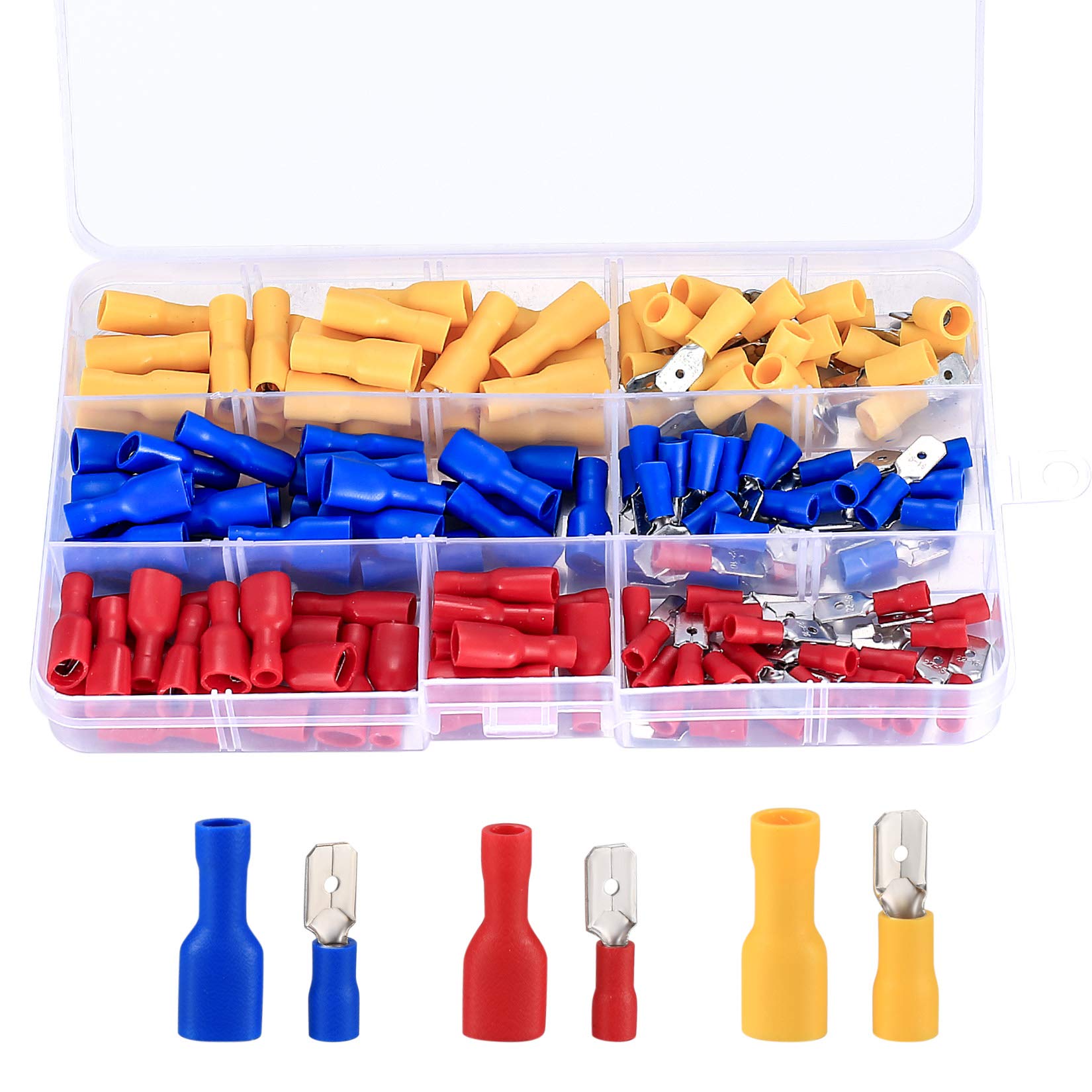 Spade Connector Insulated Crimp Terminals, Electrical Wire Terminals Crimp Connector Set, Male and Female Bullet Connectors Tool Kit for Electrical Wiring(Red, Yellow, Blue, 150 Pcs)