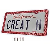 Creathome 3D Waffle Pattern Red License Plate Frame from Pure Zinc Alloy Metal Perfect Plate Holder