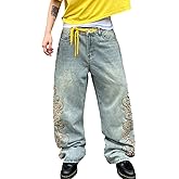 DFGIGT Men's Hip Hop Baggy Jeans Embroidered Wide Leg Skater Jeans Loose Fit Denim Pants Streetwear