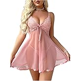 OYOANGLE Women's 2 Piece Lingerie Sets Contrast Lace Sheer Backless Mini Babydoll Chemise and G String Set