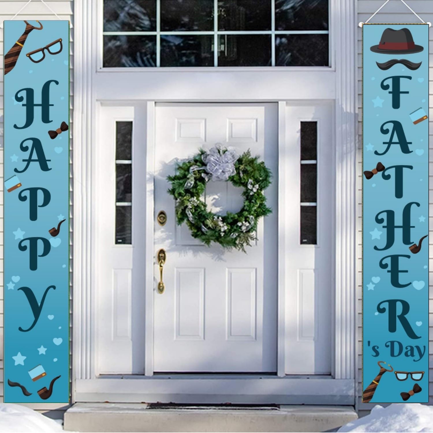 View 1 of **PARTIAL SET/ HAPPY WORDING ONLY MISSING OTHER BANNER*** LOONELO Happy Father's Day Porch Banner 70.8" x 11.8", I Love Dad Blue Silver Glitter Door Sign, Thank You Daddy Front Door Hanging Decoration for Indoor Outdoor Father's Day Party Supplies