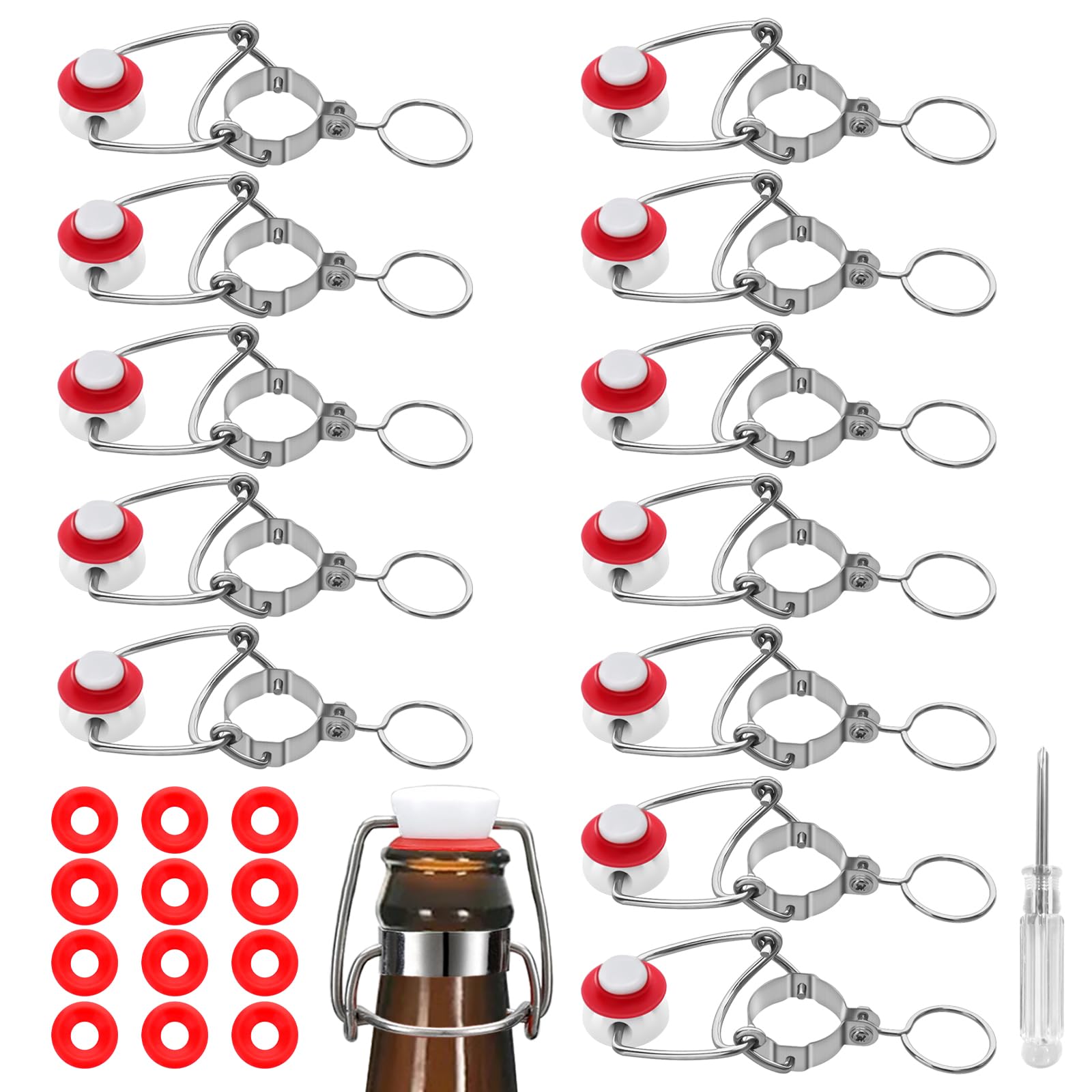 Photo 1 of [12 +12] half cover 18mm Swing Top Glass Bottle Caps Flip Top Beer Bottle Cap Beer Bottle Airtight Lids Leakproof Easy Cap Swing Top Beer Bottle Cap 12 Swing Cap with Replacement Silicone Gaskets