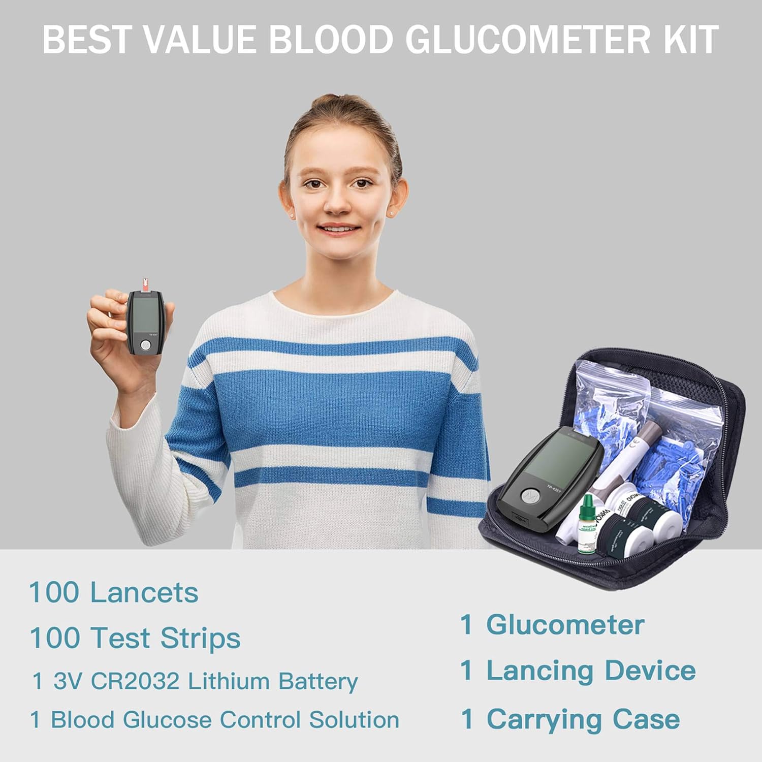Blood Glucose Monitor Kit, ANKOVO Diabetes Testing Kit with Blood Glucose Meter, Control Solution, 100 Blood Test Strips, 100 Counts 30 Gauge Lancets and Carrying Case, Lancing Device, No Coding: Health & Personal Care