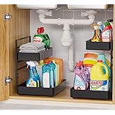 EVERIE Height Adjustable 2 Tier Metal Pull Out Slide Shelf Organizer for Under Sink Cabinets in Kitchen, Bathroom, with Snap-on Top Tray, 16" Deep (Black, 2 Sets) | Pull Out, Slide Shelf