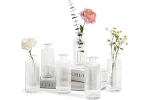 ComSaf Small Vases for Flowers Mini Clear Glass Bud Vases in Bulk, 5.2 inch Tall Mini Flower Vase, Vases for Centerpiece, Ribbed Vase, Wedding Table Ceterpiece, Home Decor, Housewarming Gift (Clear)