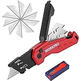 WORKPRO Folding Utility Knife, Quick Change Box Cutter, Red | Razor Knife with 13 Extra Blades Included, Blade Storage in Aluminum Handle, For Cartons, Cardboard, Boxes
