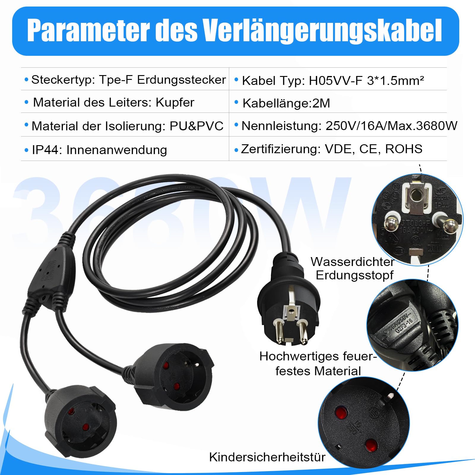 Verlängerungskabel Doppelstecker für Steckdose 2m, Schuko Mehrfachstecker 2 Fach Steckdosen 2er Steckdosenadapter 3680W Verlängerung Doppelsteckdose Außen für Zuhause, Büro Außenbereich Schwarz 3