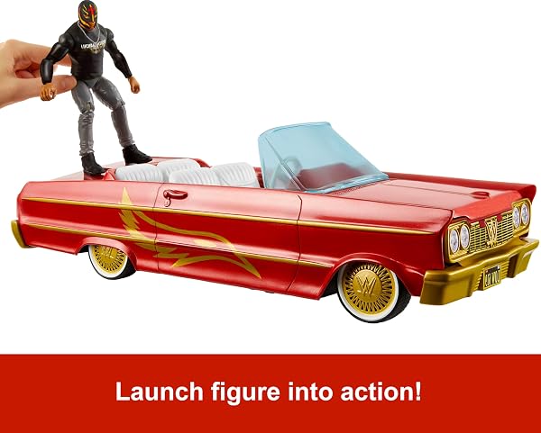 MATTEL WWE ACTION FIGURE & TOY VEHICLE SET, REY MYSTERIO MAIN EVENT FIGURE & LUCHA LOW RIDER CAR WITH LAUNCHING ACTION & HYDRAULICS