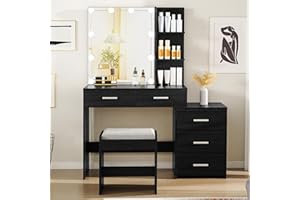 usikey 43.5in Large Vanity Desk with Mirror and 10 LED Lights, Makeup Vanity Table with Lights and 5 Drawers, Black Vanity Table Vanity Set with Storage Shelves and Stool for Women Girls, Black