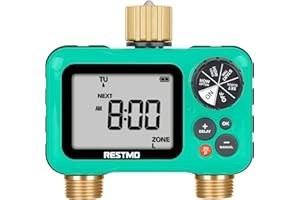 RESTMO Water Timer with Brass Inlet & Outlet, 2 Zone Programmable Sprinkler Timer for Garden Hose, 3 Separate Programs Hose T