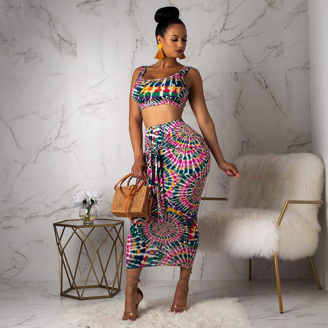 Womens 2 Piece Outfits Crop Top - Sexy Sleeveless Tie Dye Print Tank Bodycon Skirts Set Midi Dress