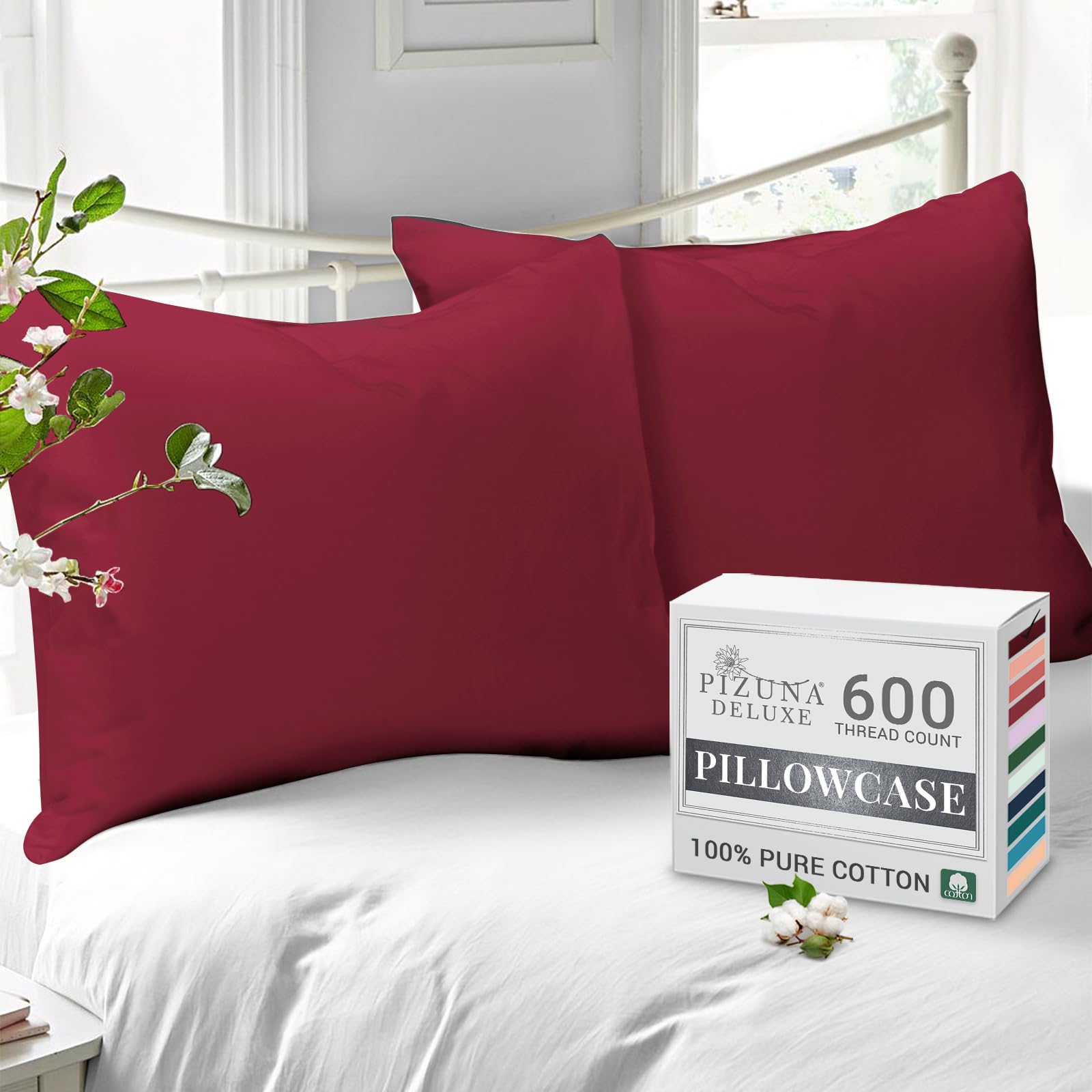 Pizuna Pure Combed Cotton Housewife Pillowcases 2 Pack Rio Red 48x74cm, 600 Thread Count 100% Long Staple Combed Cotton Pillow Cover, Soft Sateen Housewife Pillow Cases (100% Cotton Pillowcase)