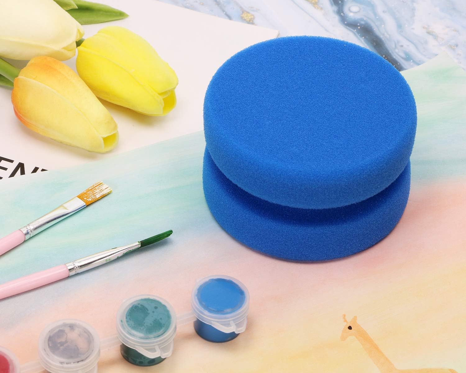 Paint Sponge Applicator PENTA ANGEL 2Pcs 3.1 Inch Double-Side Round Detail Sponge Painting Sponges for Acrylic Oil Watercolor Art Paint or Car Waxing Kitchen Cleaning (Blue)