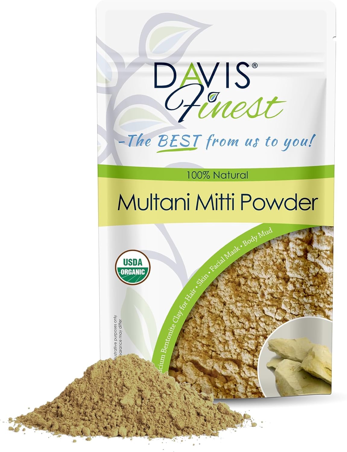 Davis Finest - Multani Mitti Powder 100g - Indian Healing Clay Face & Hair Mask - Chemical-Free Exfoliator & Cleanser - Fullers Earth - Fades Dark Spots & Blemishes - Natural Facial Mask Skincare