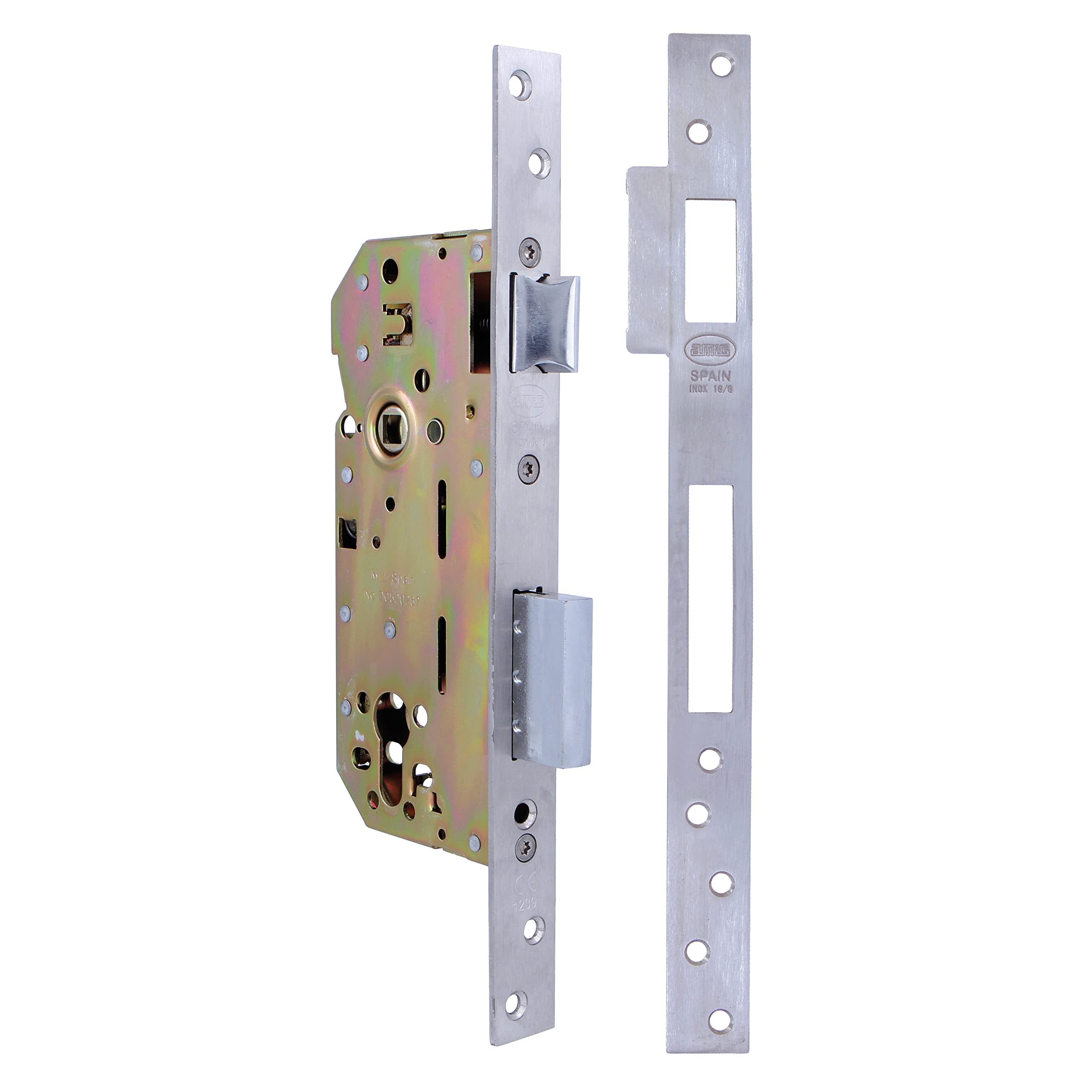 Amig - Mortice Lock for Wooden Doors | with Locking Lever | Square Edge Front and Bracket | 50mm Entry | Reversible Door Handle | Stainless Steel | Matt Silver | 270mm