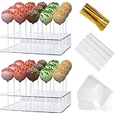 2 Pack Cake Pop Stand with Sticks Kit, Acrylic Lollipop Hold Stand | Clear Cake Pop Display Holder, 15 Holes Candy Pop Holder with 100 Pcs Sticks, 100 Pcs Clear Wrappers, 100 Pcs Gold Twist Ties