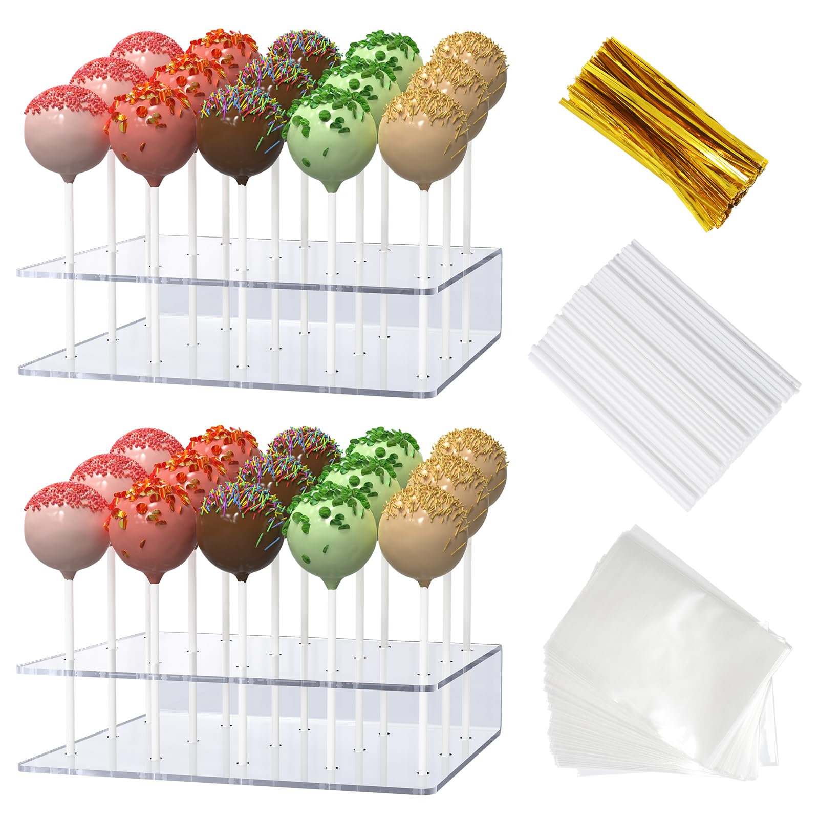Photo 1 of 2 Pack Cake Pop Stand with Sticks Kit, Acrylic Lollipop Hold Stand, Clear Cake Pop Display Holder, 15 Holes Candy Pop Holder with 100 Pcs Sticks, 100 Pcs Clear Wrappers, 100 Pcs Gold Twist Ties