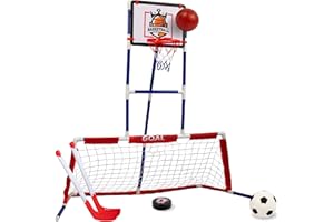 Island Genius 3 in 1 Sports Center for Kids Outdoor Toys for Kids Toddler Ages 3 4 5 6 7 8 Years Old | Basketball Hoop, Soccer Goal, and Hockey