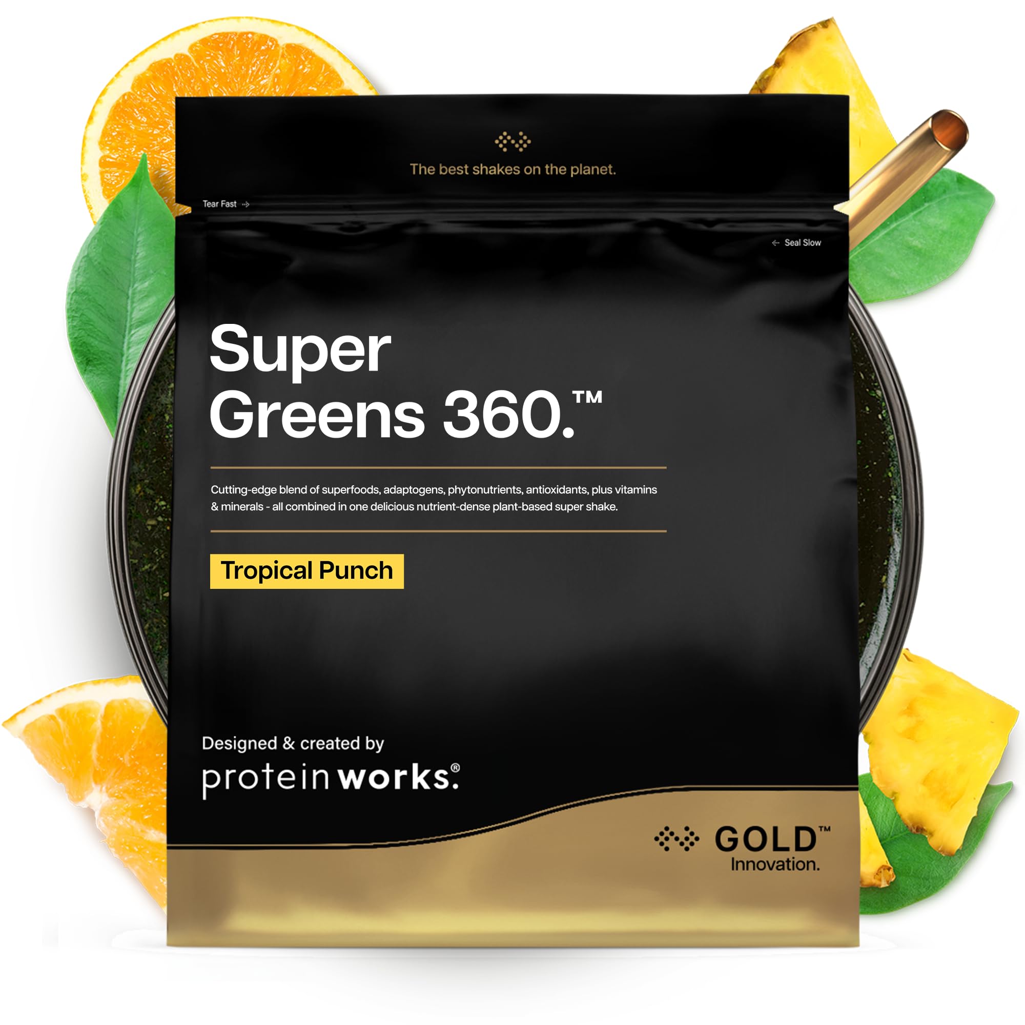 Protein Works | Super Greens 360 - Gold Innovation, Enhanced Greens Powder, 159 Health Benefits, Antioxidants, Superfoods, Adaptogens, Vegan, Tropical Punch, 20 Servings, 250g