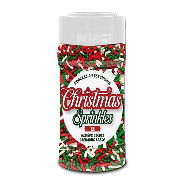CONCESSION ESSENTIALS CHRISTMAS SPRINKLES, 1LB CONTAINER, RED, GREEN,...
