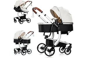 SUTTONBEBE PU Leather 2 in 1 Baby Stroller with Bassinet Reversible Portable Standard Baby Stroller Convertible Pushchair Infant Buggy Baby Carriage Foldable High Landscape Pram Toddler Newborn (2US518-White)