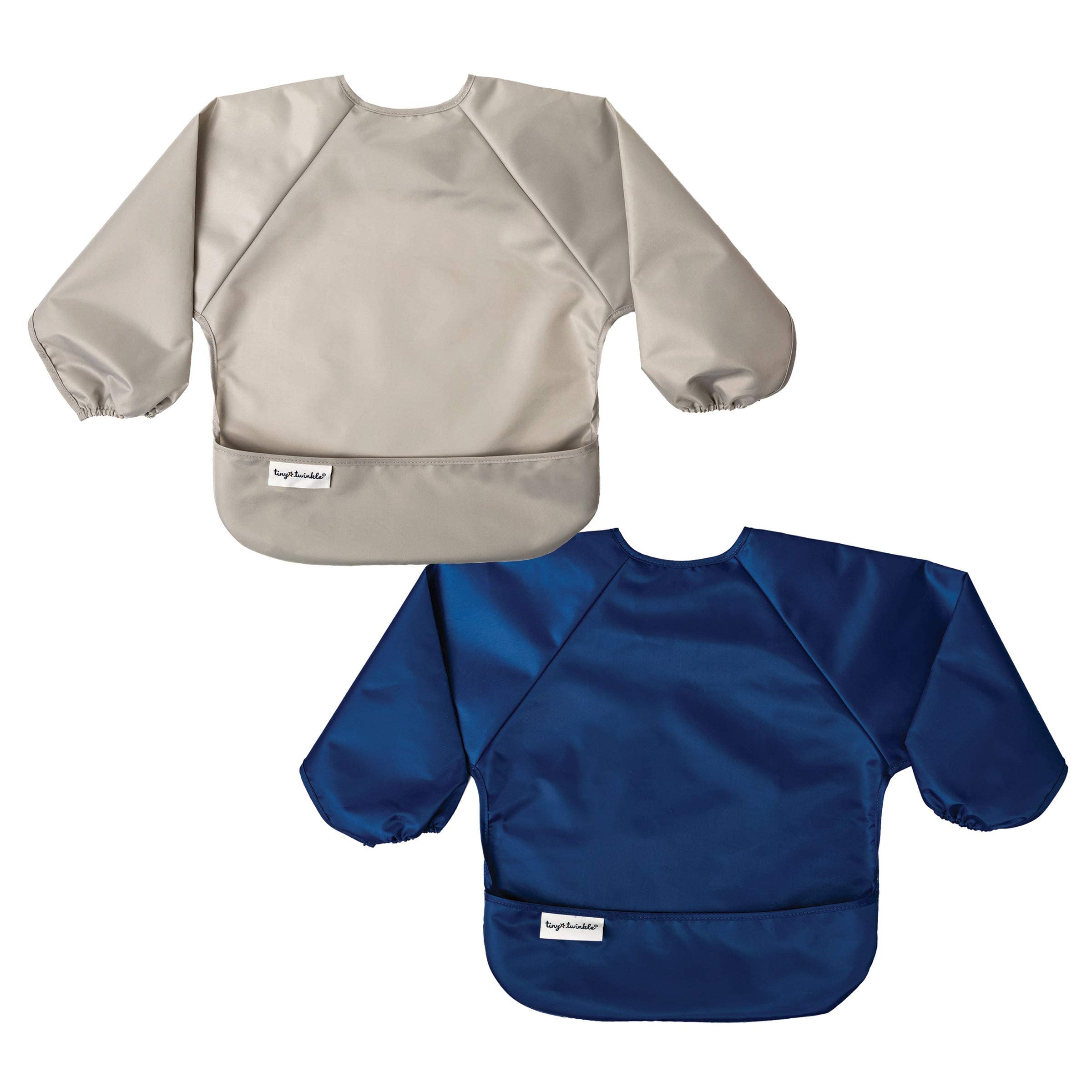 Photo 1 of Tiny Twinkle Mess Proof Baby Bibs, 2pk Waterproof Smock Baby Bibs for Eating, Machine Washable Long Sleeve Bibs, Baby Led Weaning, Toddler Bibs, BLW Supplies (Grey Indigo, Small 6-24 Months)