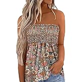SZSMFZ Womens Smocked Strapless Bandeau Tank Tops Floral Tube Tops Backless Bandeau Tunic Tops Sleeveless Shirts