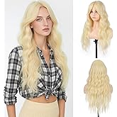 Aida ble Long Blonde Wavy Wig with Curtain Bangs for Women 26 Inch Synthetic Wig Natural Looking Heat Resistant Fiber Wigs for Daily Party Halloween Cosplay Use